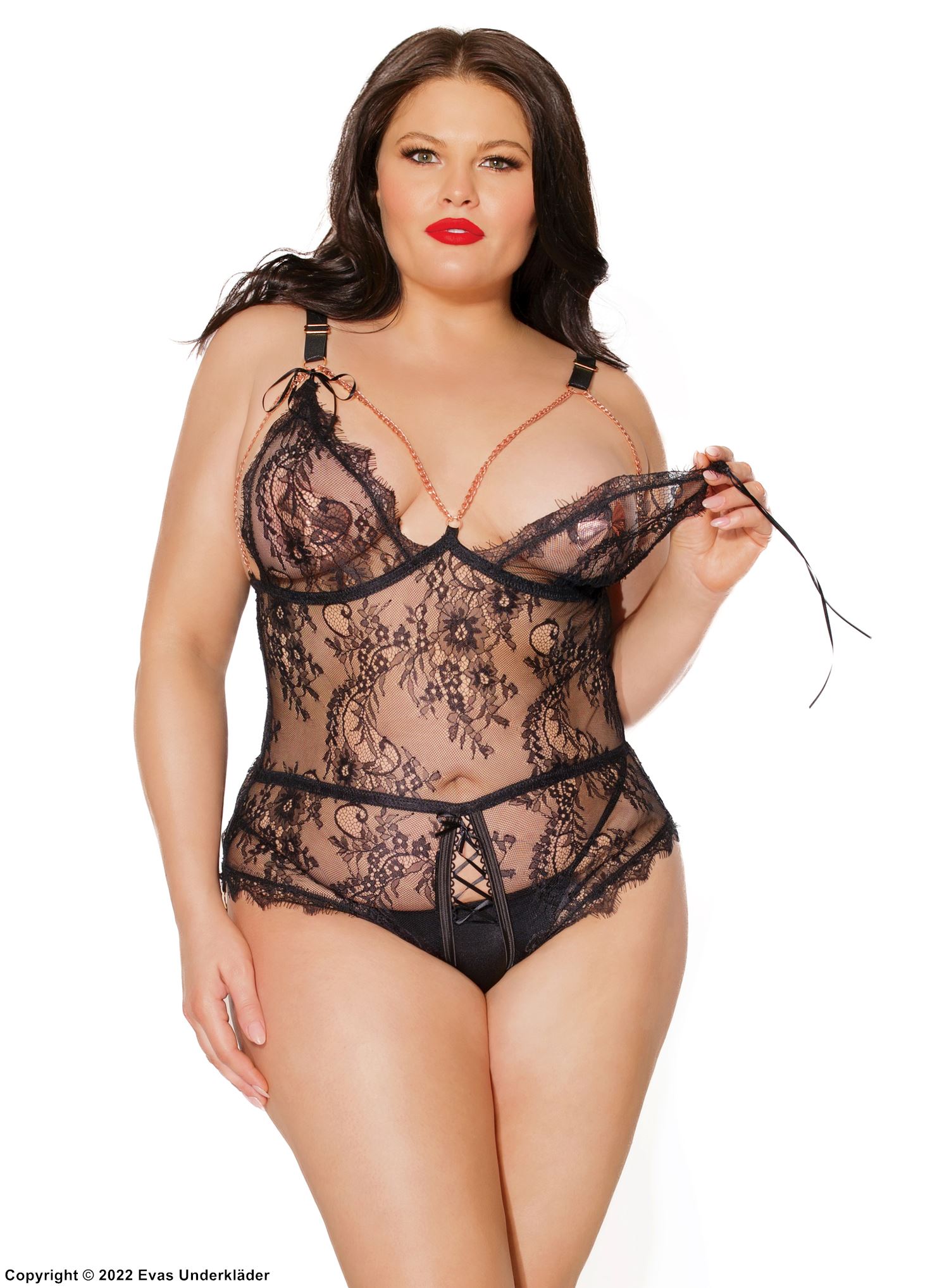 Verführerischer Dessous-Teddy, Schnürung, offener Schritt, Blumenspitze, Kette, Plus Size